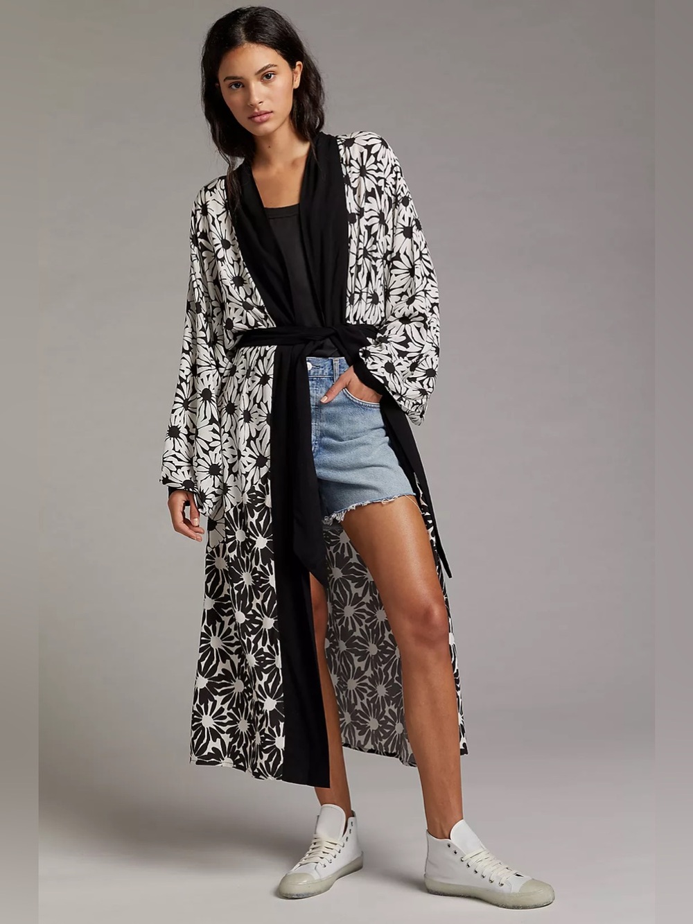 Anthropologie‎ One Size Black White Floral Duster Kimono Cardigan Boho